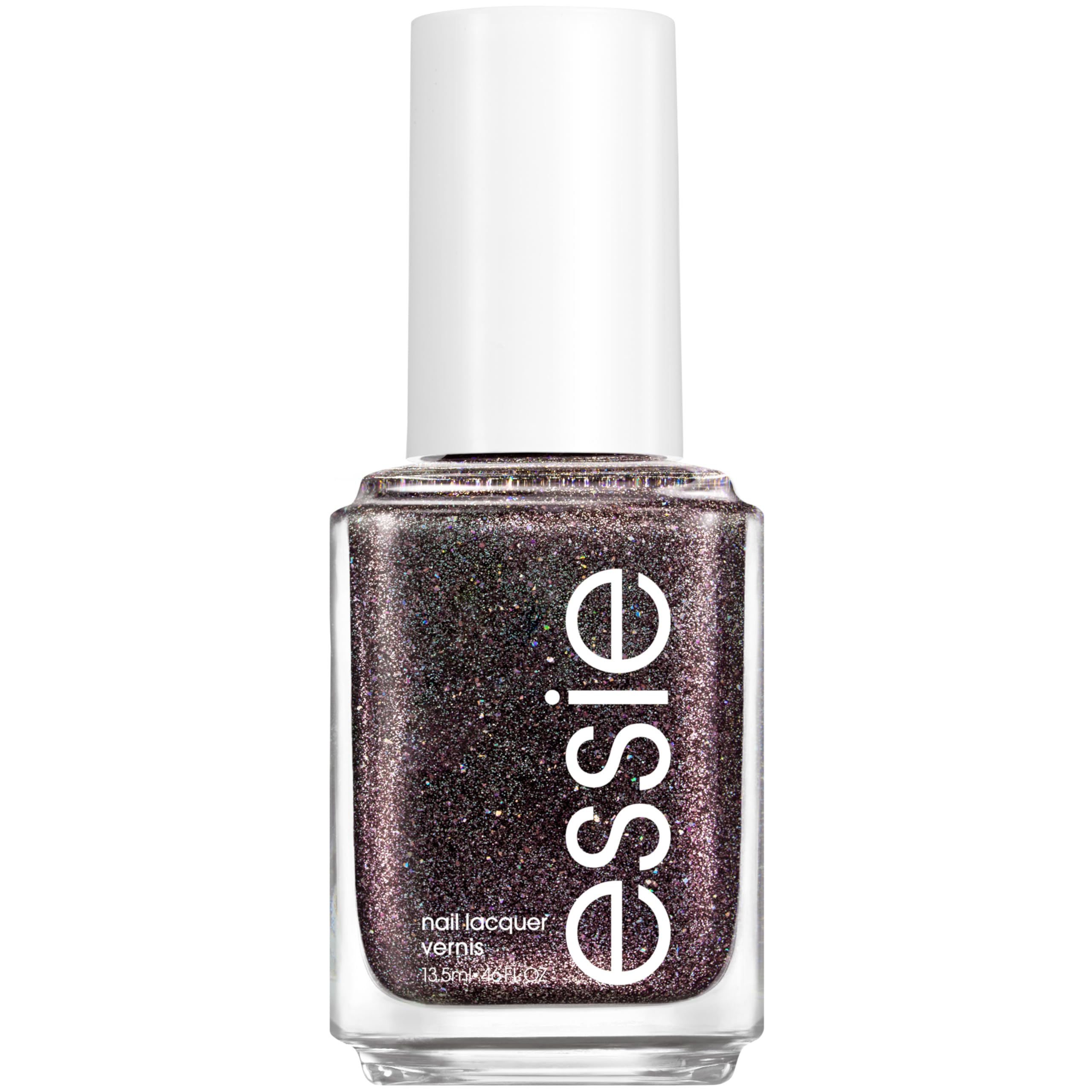 essie Black Shimmer bottle with glittery finish ready for your manicure.