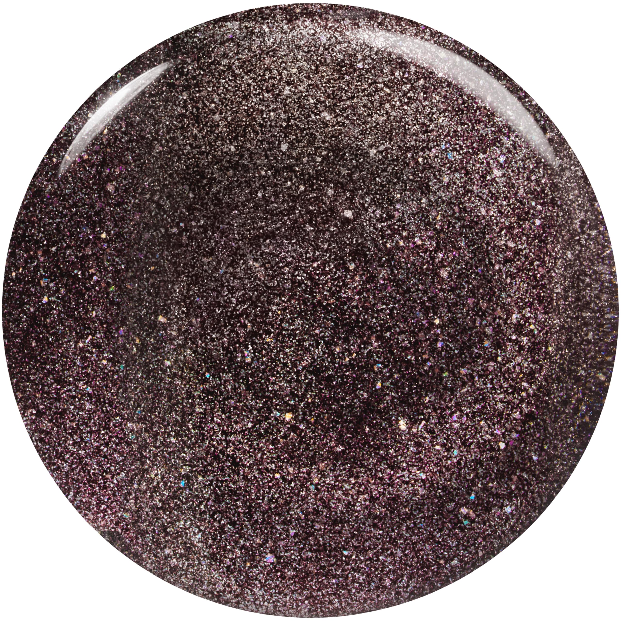 essie Black Shimmer swatch shows deep black with glitter particles.
