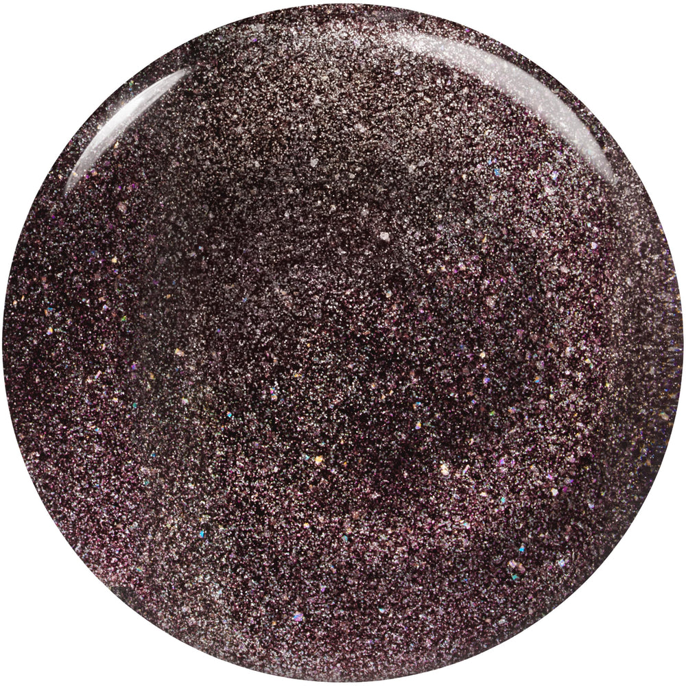 essie Black Shimmer swatch shows deep black with glitter particles.