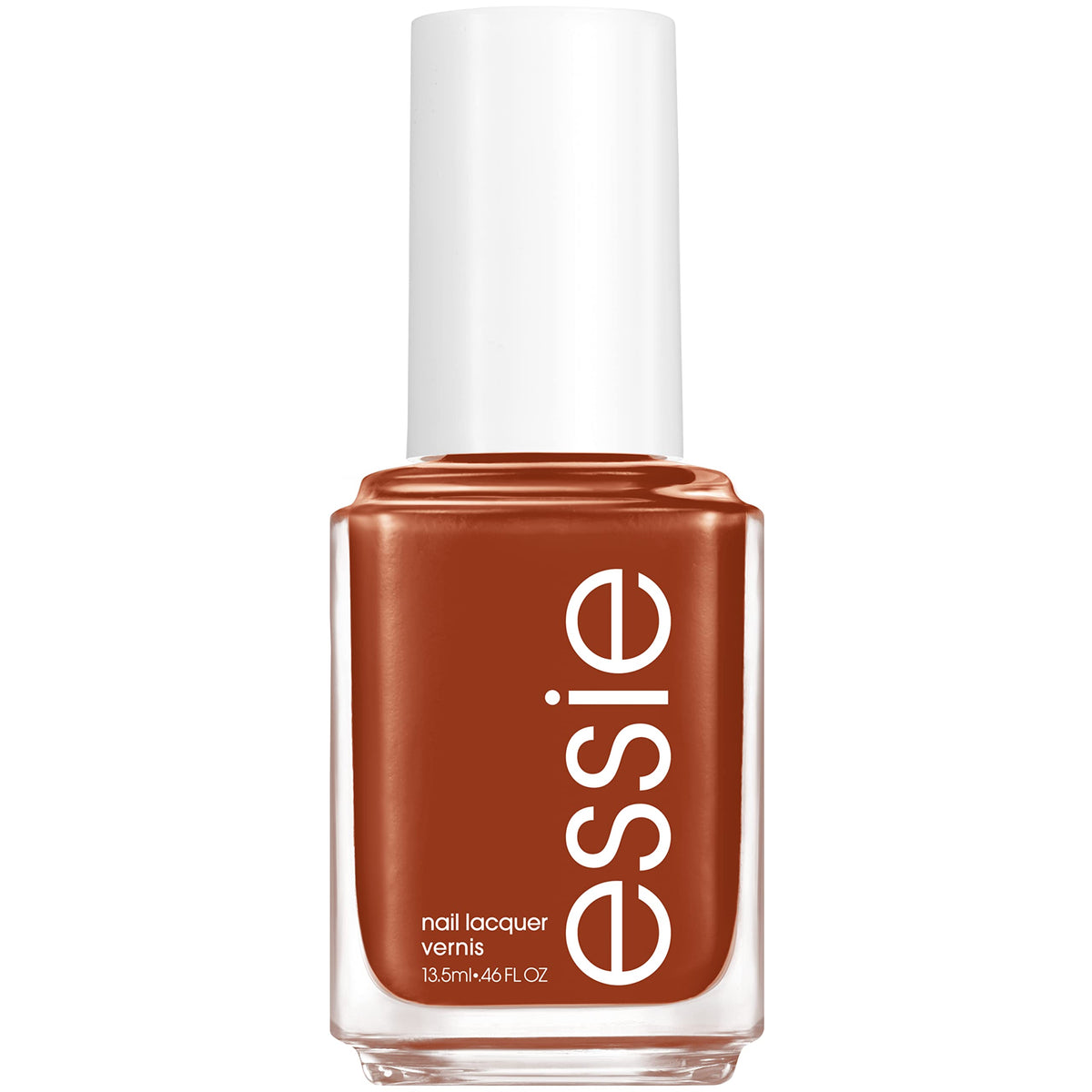 essie Row With The Flow bottle closeup highlighting warm brown cream shade for a salon-ready look at home