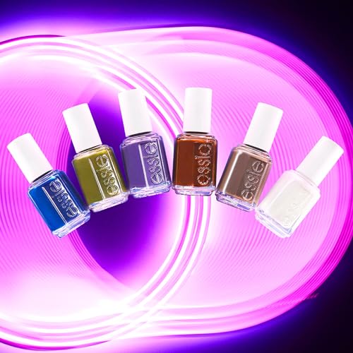 Essie indigo shade swatch on nails under warm fall lighting.