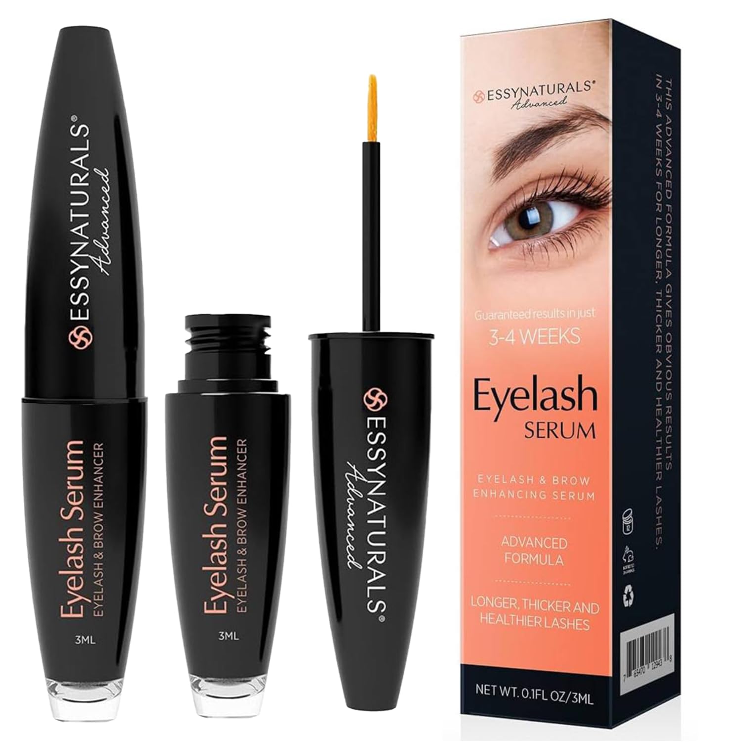 EssyNaturals Advanced eyelash serum bottle ideal for daily lash care.