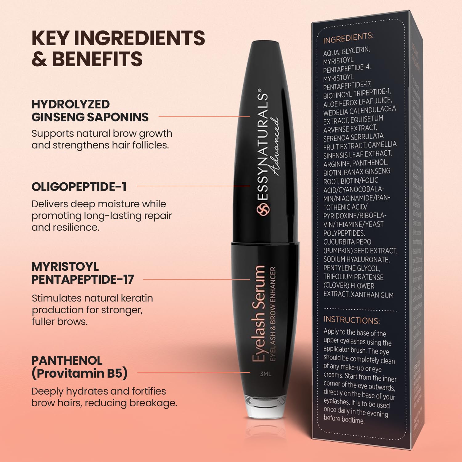 EssyNaturals Advanced eyelash serum brows close up nourishes brow hair.