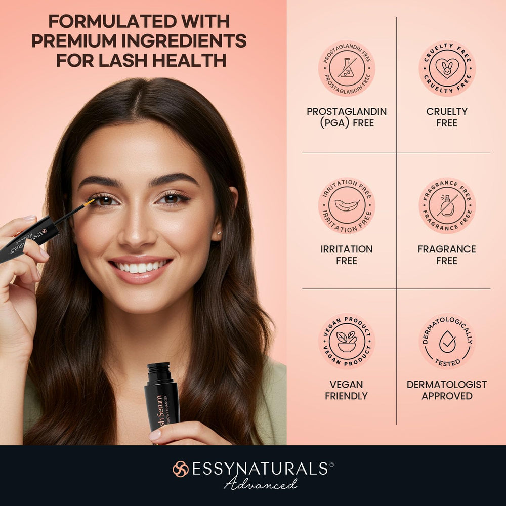 EssyNaturals Advanced eyelash serum formula closeup showing smooth texture for nightly use.