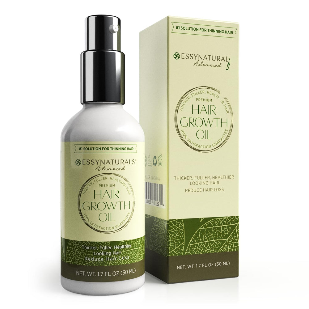 EssyNaturals Hair Growth Oil bottle shows premium packaging for fuller hair potential