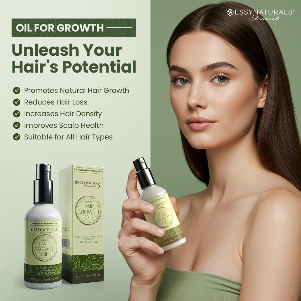EssyNaturals Hair Growth Oil dropper highlights precise application for targeted growth