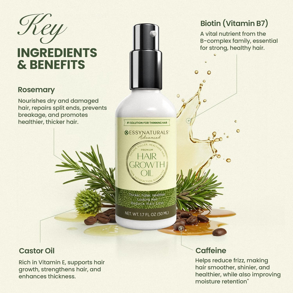 EssyNaturals Hair Growth Oil drop on scalp showing nourishing moisture