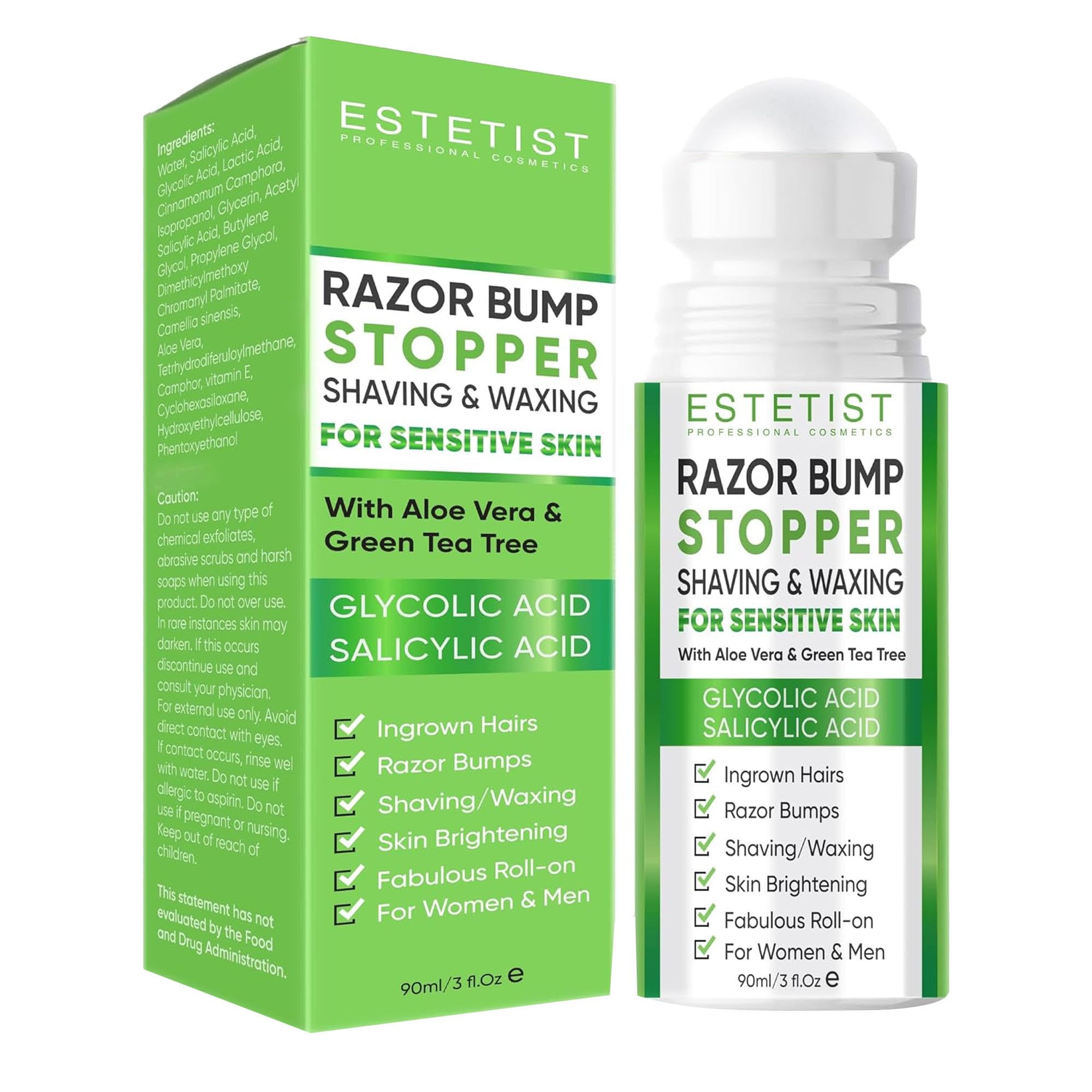 ESTETIST Razor Bump Roll-On bottle closeup showing soothing Aloe Vera for sensitive skin