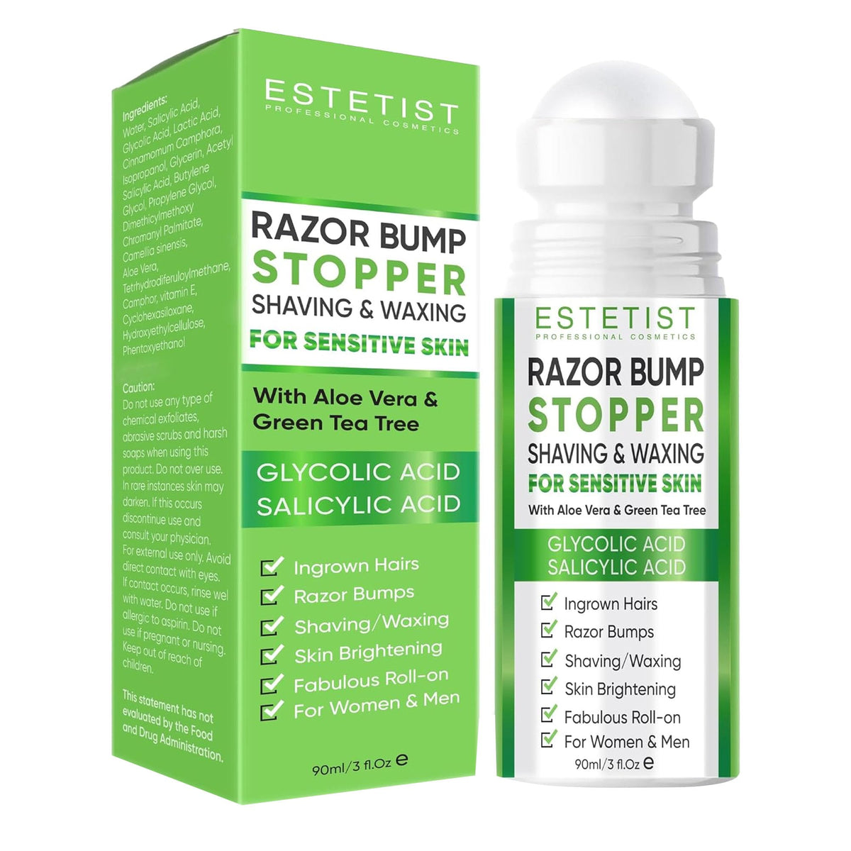 ESTETIST Razor Bump Roll-On bottle closeup showing soothing Aloe Vera for sensitive skin