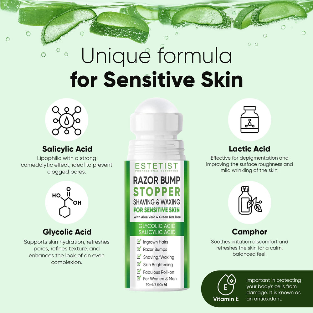 ESTETIST Razor Bump Roll-On packaging with Aloe Vera and Tea Tree ingredients