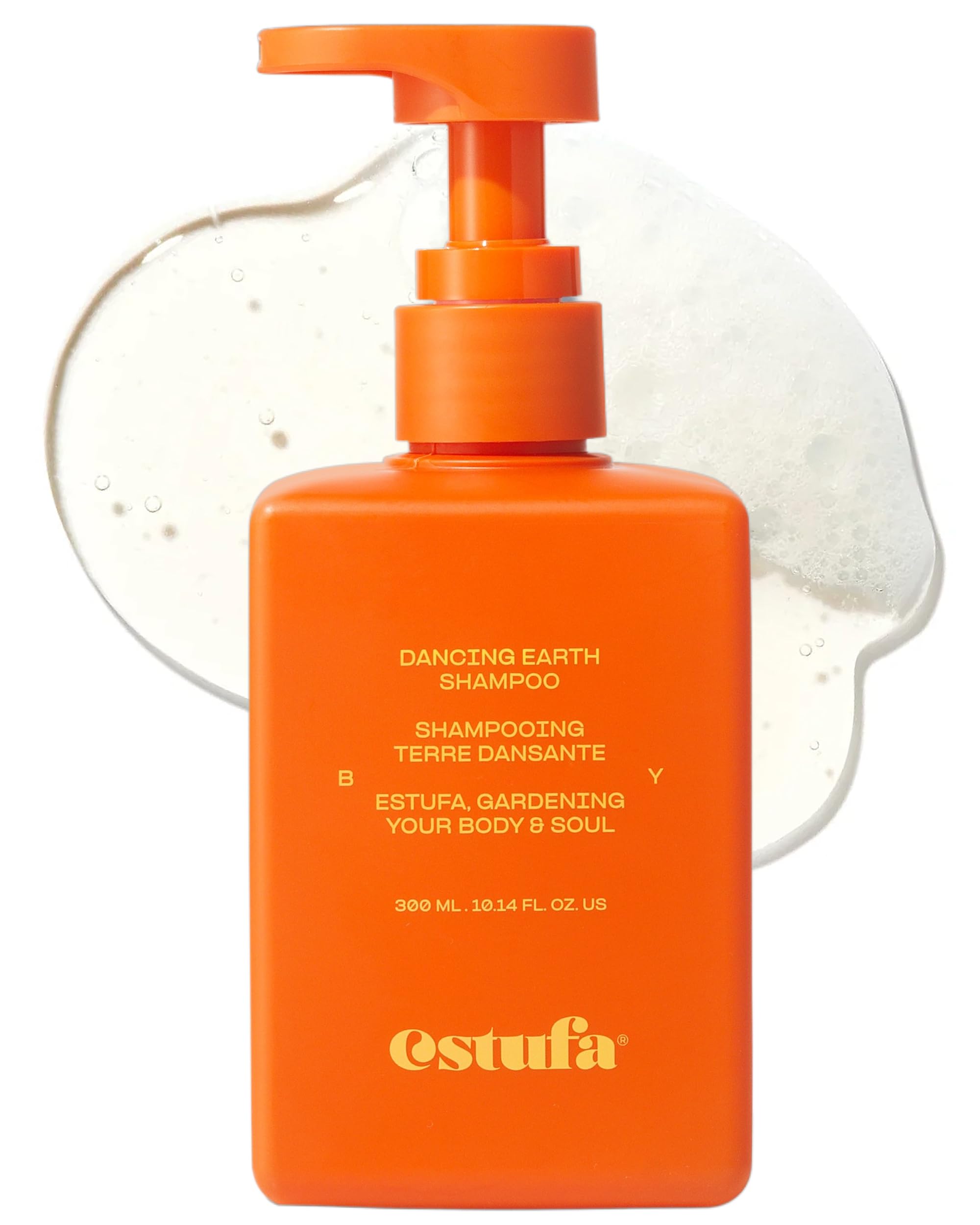 ESTUFA Dancing Earth Shampoo bottle front highlights vegan formula for gentle scalp cleansing.