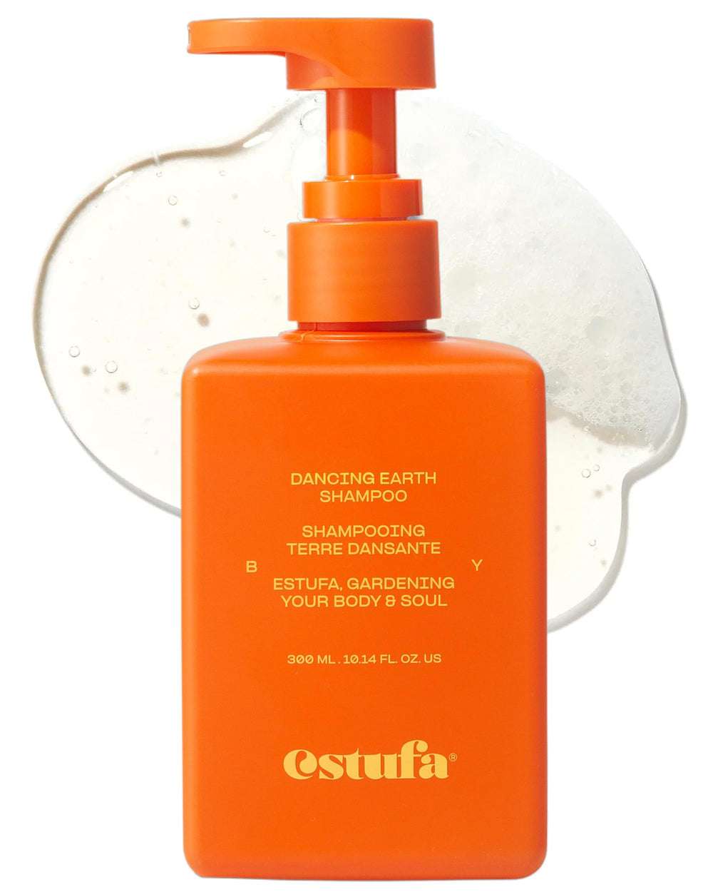 ESTUFA Dancing Earth Shampoo bottle front highlights vegan formula for gentle scalp cleansing.
