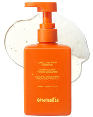 ESTUFA Dancing Earth Shampoo bottle front highlights vegan formula for gentle scalp cleansing.