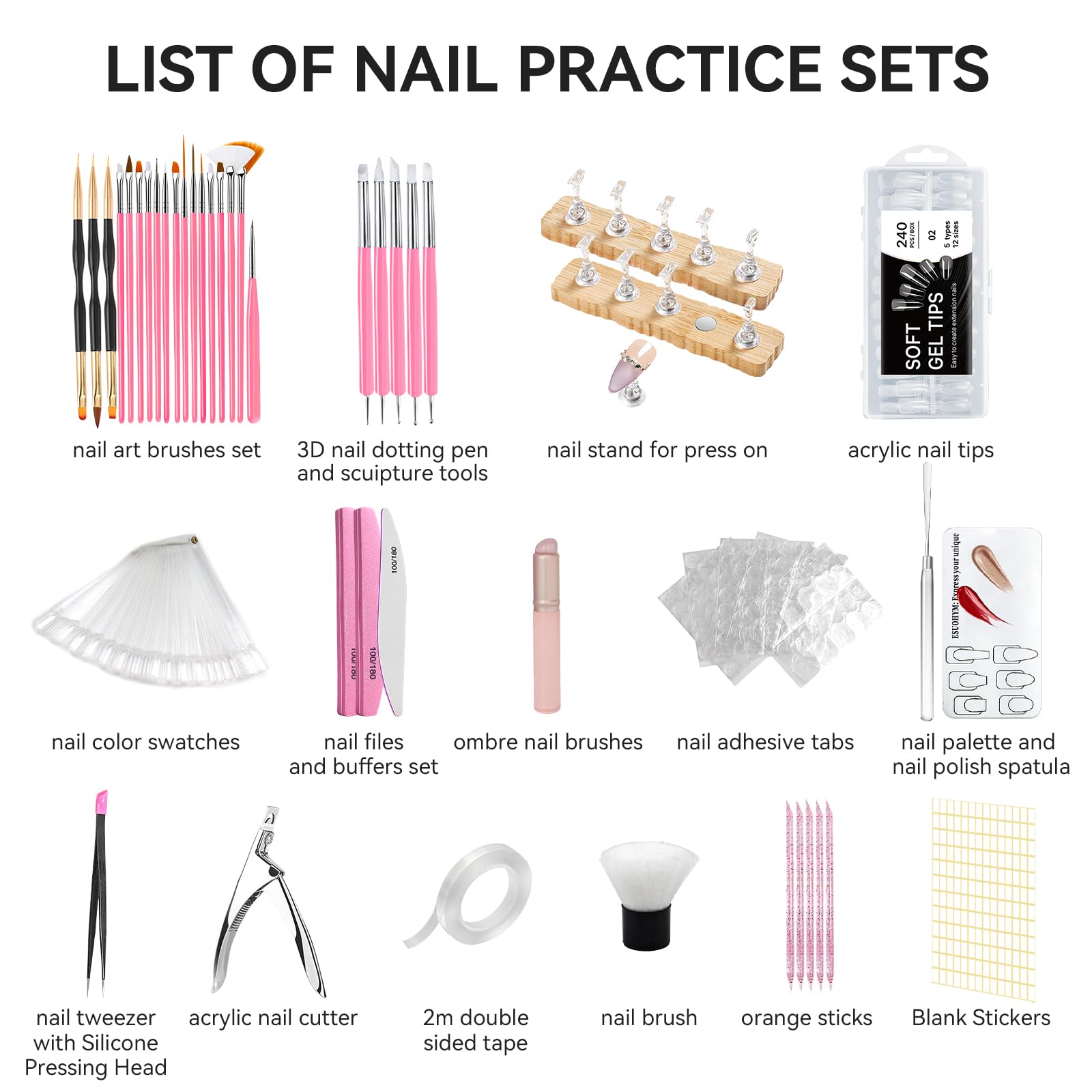 ESUOHYM five-shape nail tips showcase for coffin, almond, square, oval styles.