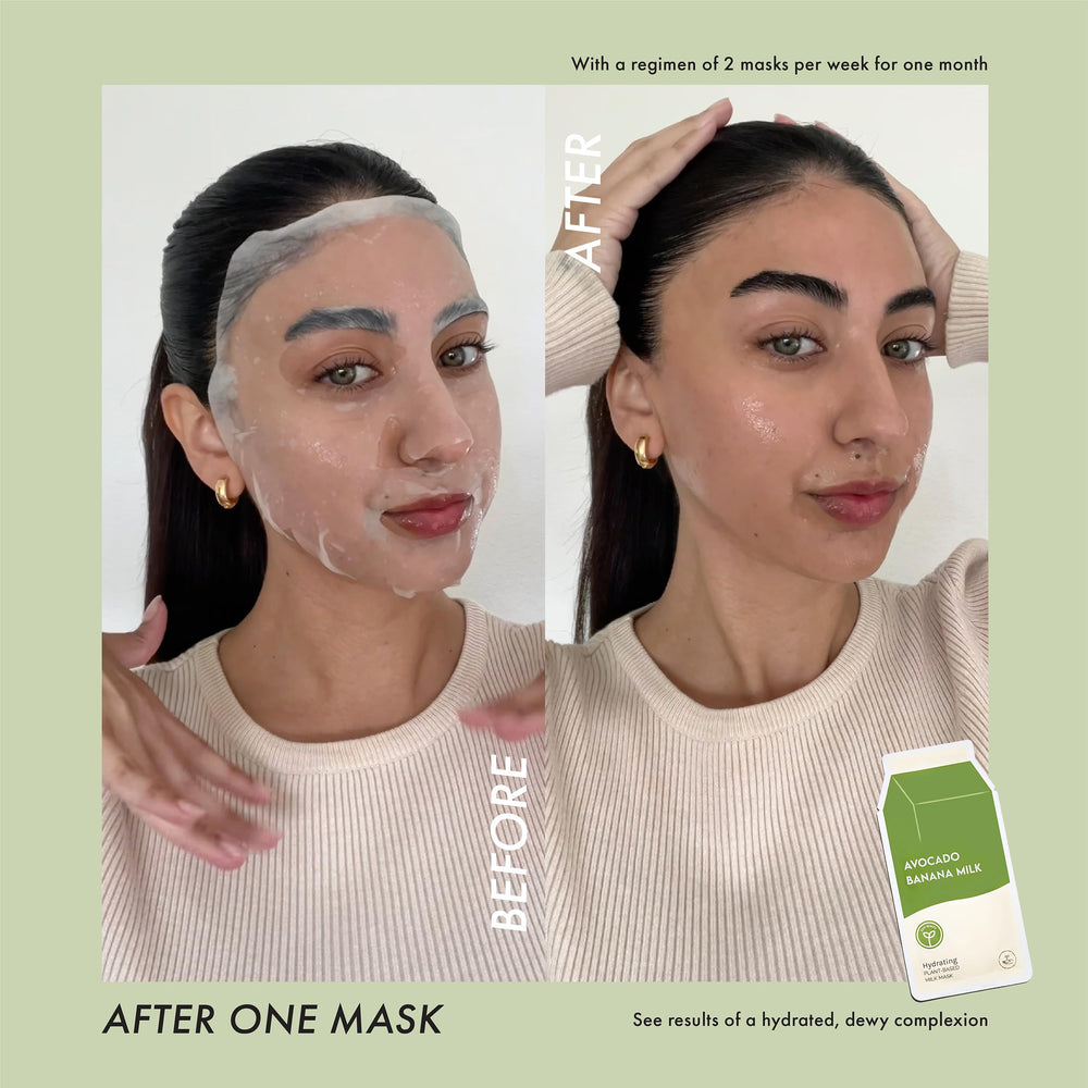 ESW Beauty Avocado Banana Milk mask on face shows even hydration