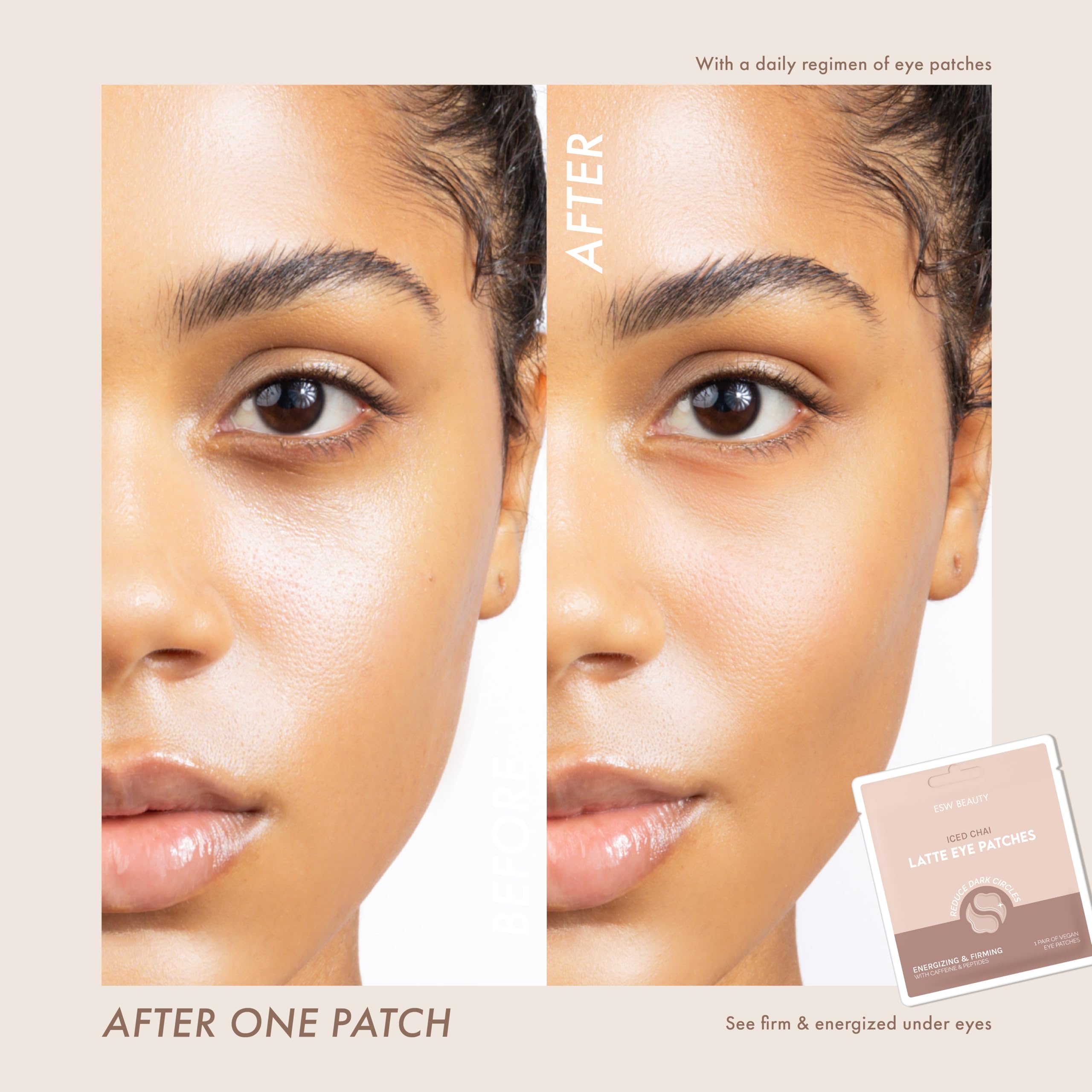 ESW Beauty Iced Chai Latte patches on skin provide refreshed under-eyes.