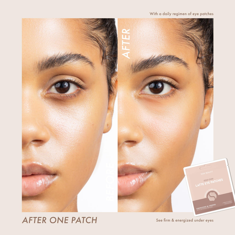 ESW Beauty Iced Chai Latte patches on skin provide refreshed under-eyes.