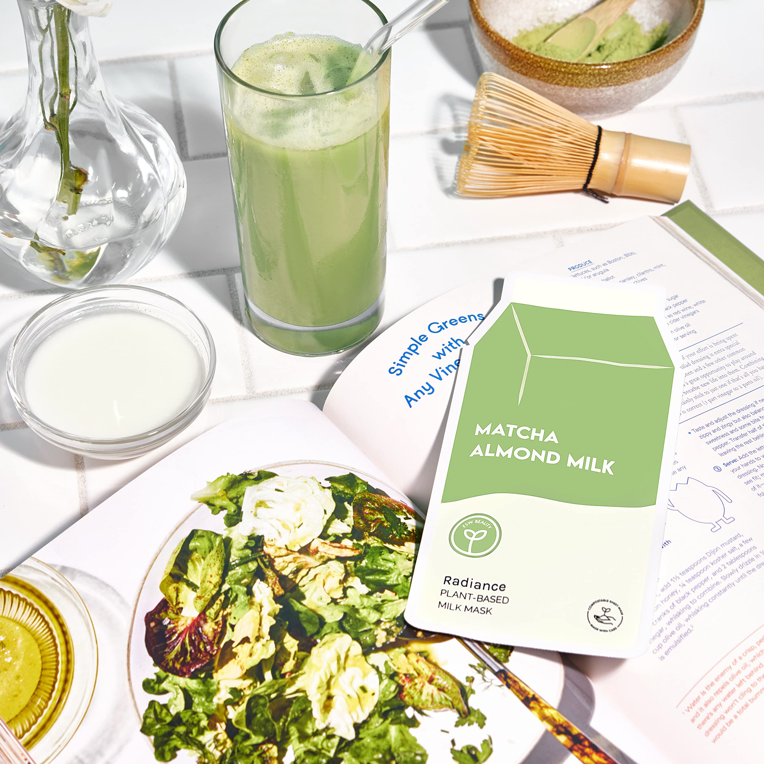 ESW Beauty Matcha Almond Milk mask close-up with vibrant green tones.
