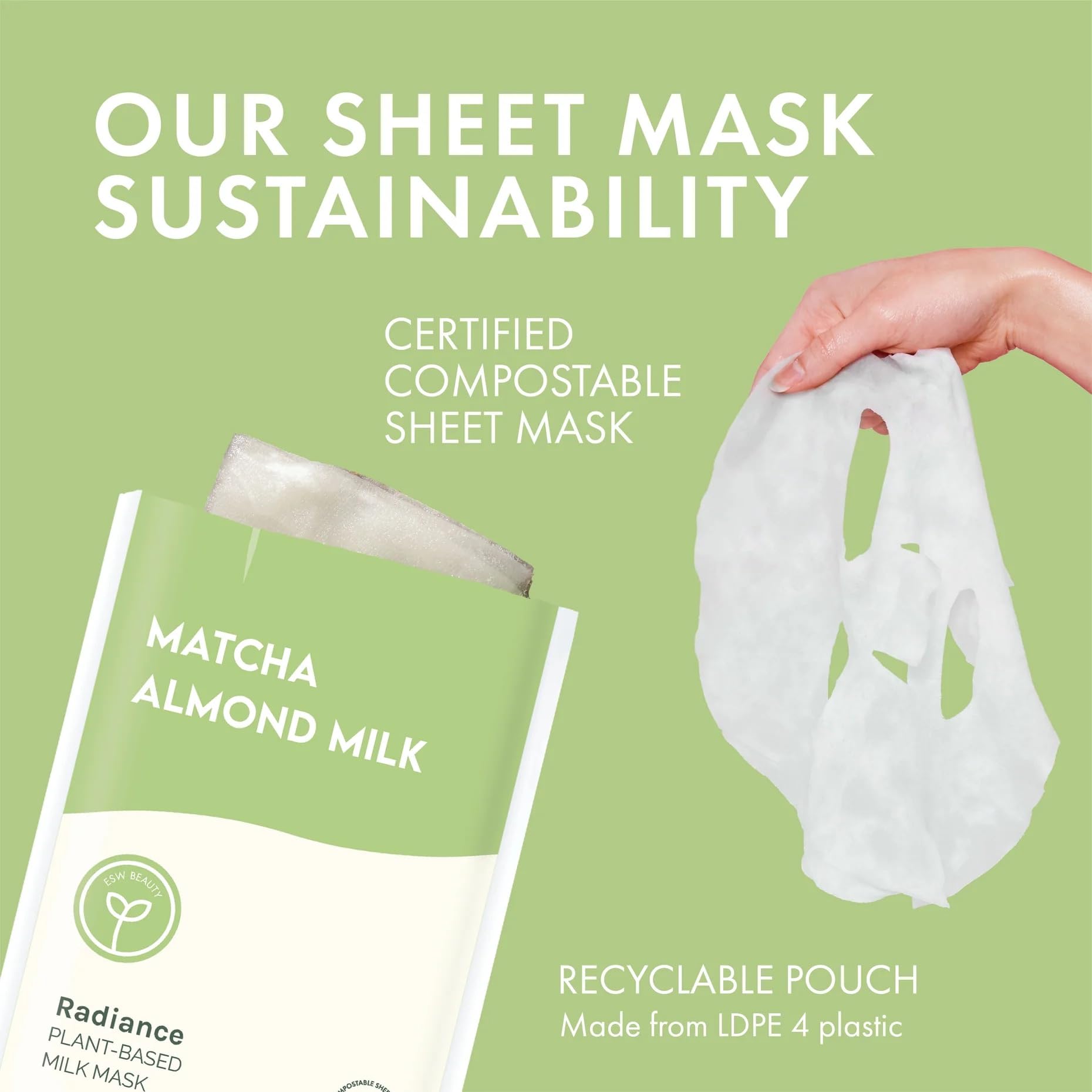 ESW Beauty compostable packaging shown beside the mask for sustainable skincare.
