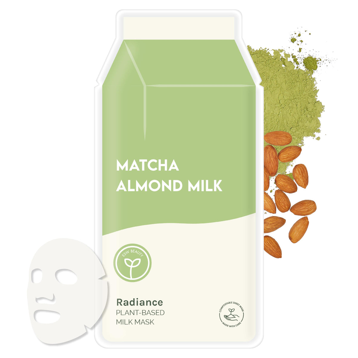 ESW Beauty Matcha Almond Milk Sheet Mask in packaging for radiant skin.