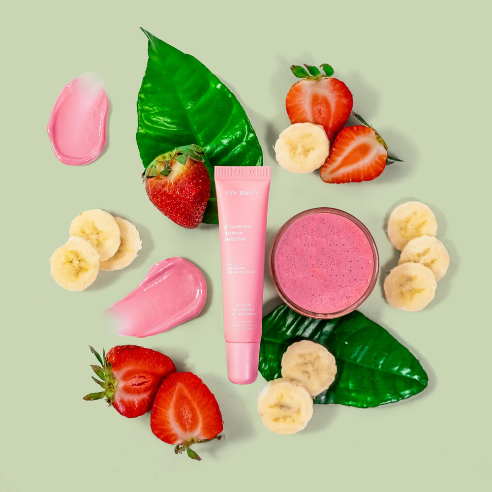 ESW Beauty Strawberry Banana Smoothie Lip Treatment packaging display highlighting travel-friendly tube.