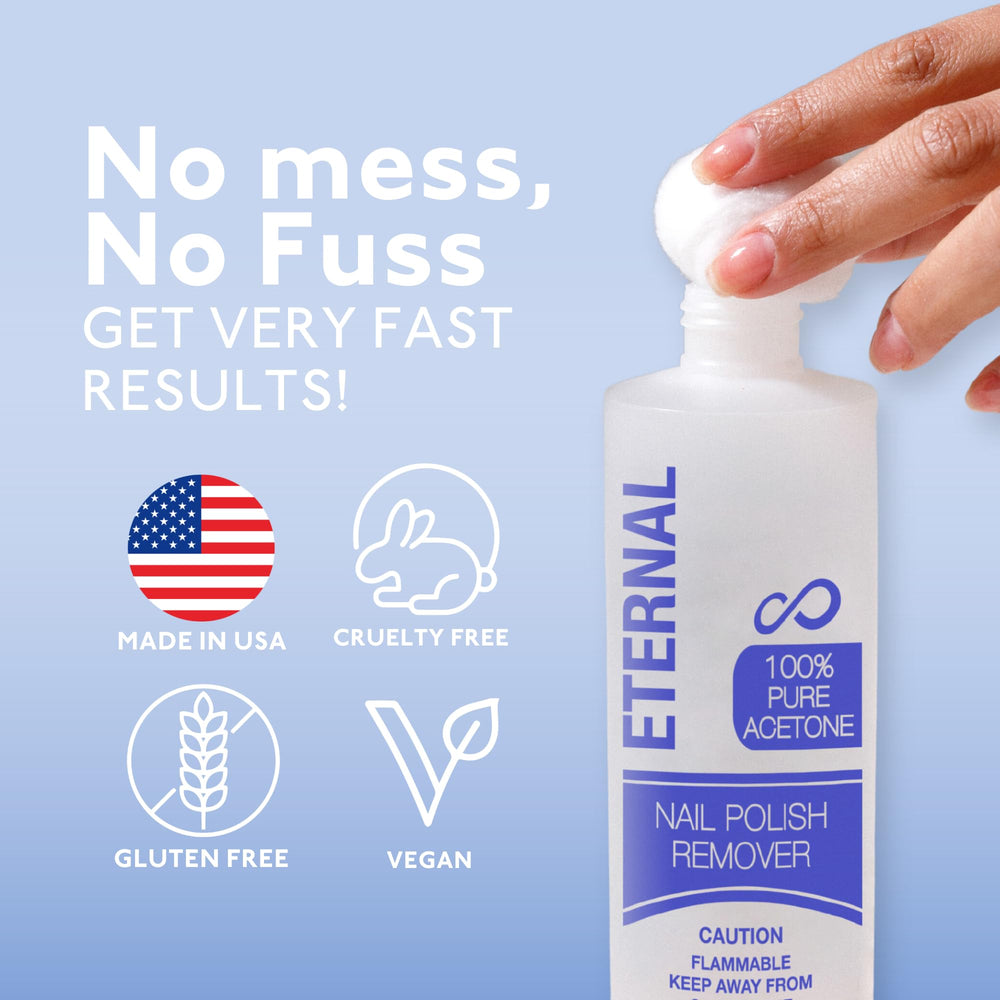 Eternal acetone cotton application demonstrates easy, mess-free removal from nails.
