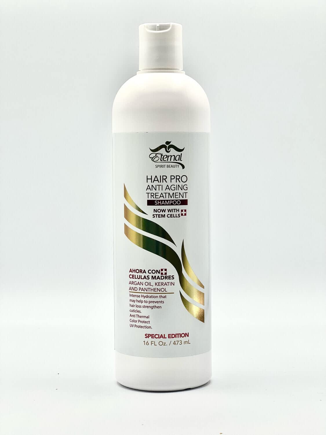 Eternal Hair Pro Treatment Shampoo bottle highlighting Swiss stem cells for nourished, glossy hair.