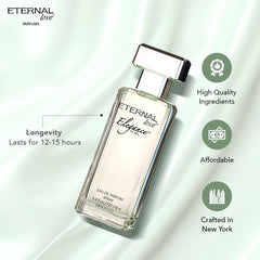Eternal Love Elegance ingredients close-up highlighting jasmine and gardenia for refined daytime wear.