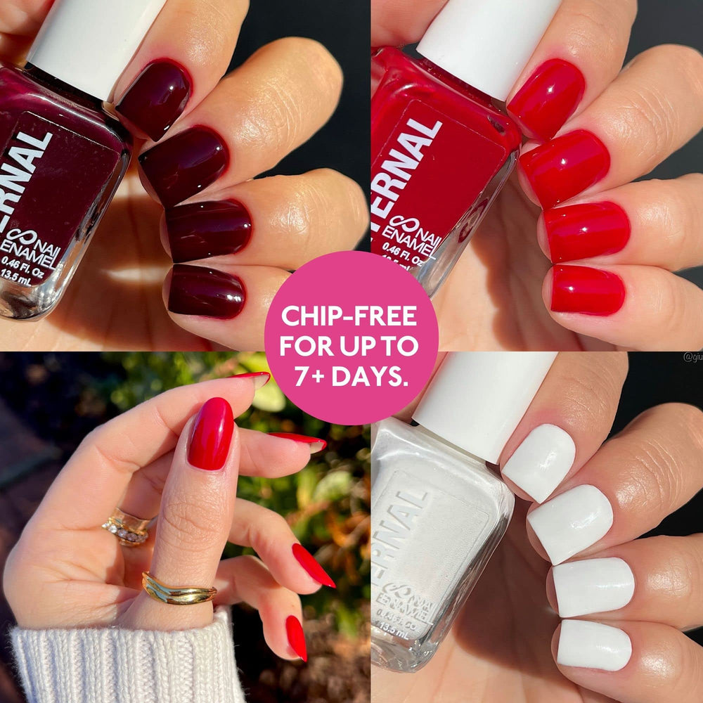 Eternal Nail Polish bottle close-up highlights glossy finish and smooth brush application.