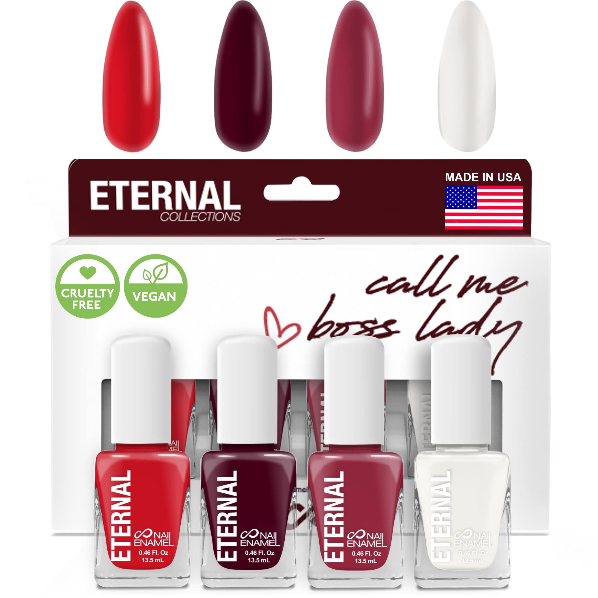 Eternal Nail Polish Set four-piece kit swatches showing versatile colors for any look.