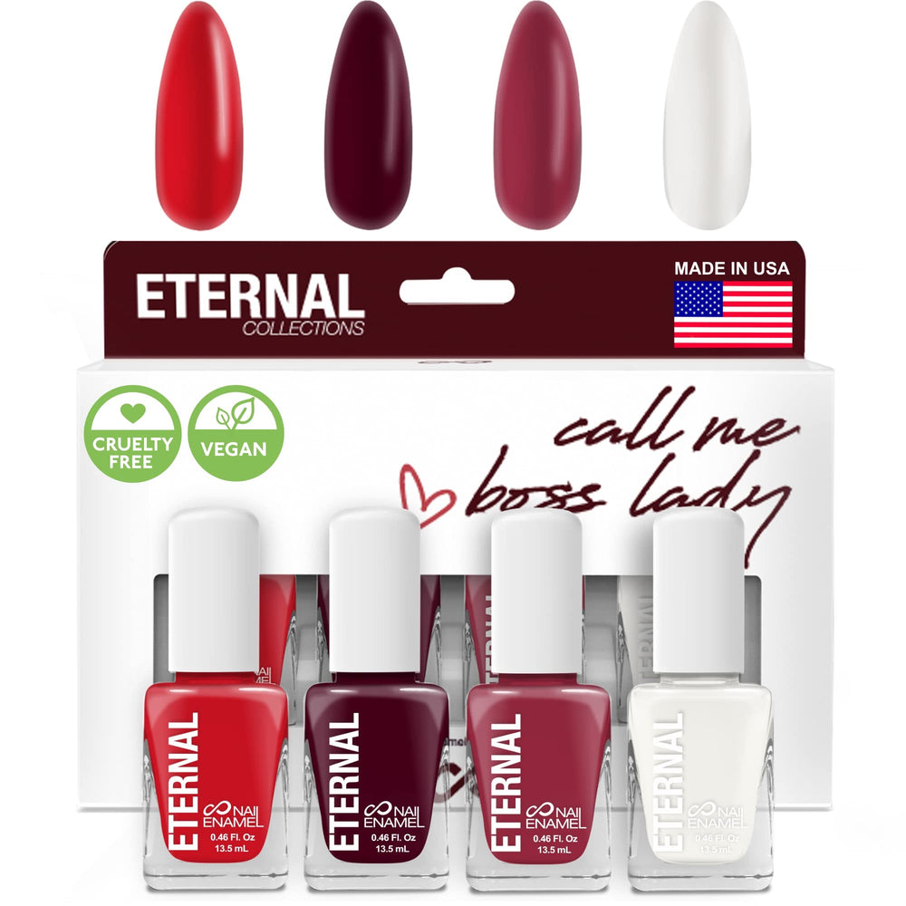 Eternal Nail Polish Set four-piece kit swatches showing versatile colors for any look.