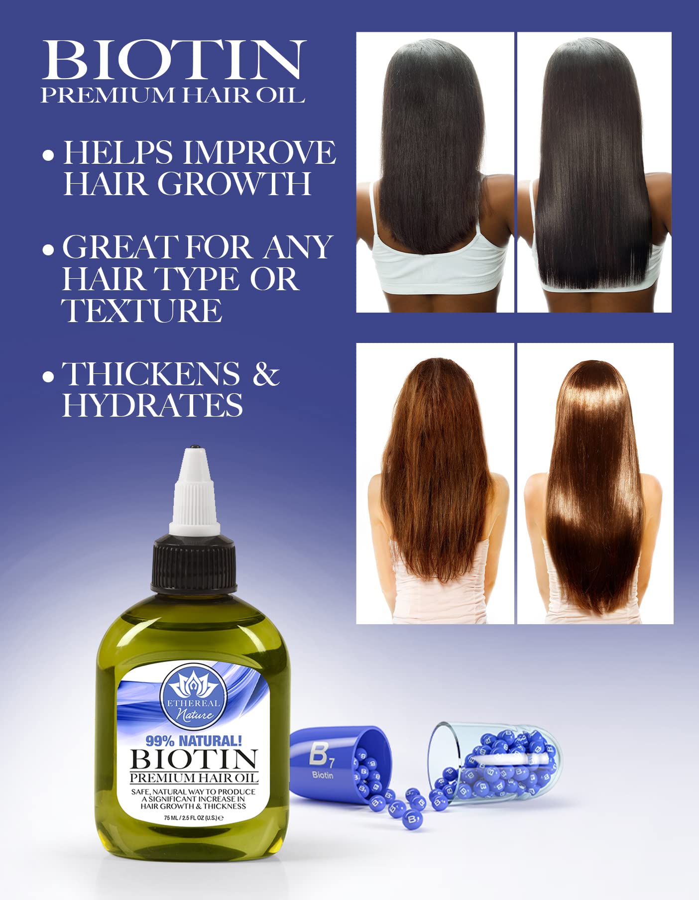 Ethereal Nature biotin hair oil label highlighting enriched nutrients for scalp support