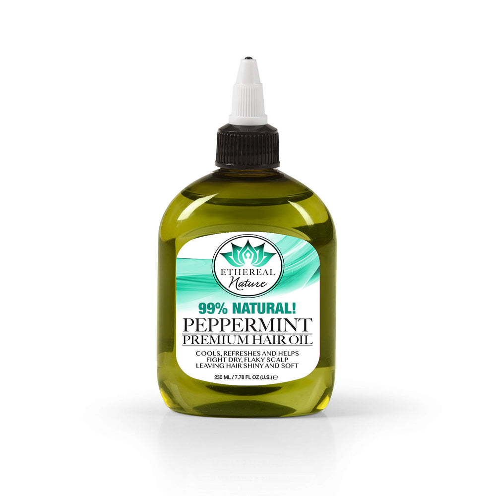 Ethereal Nature peppermint hair oil bottle nourishes the scalp.