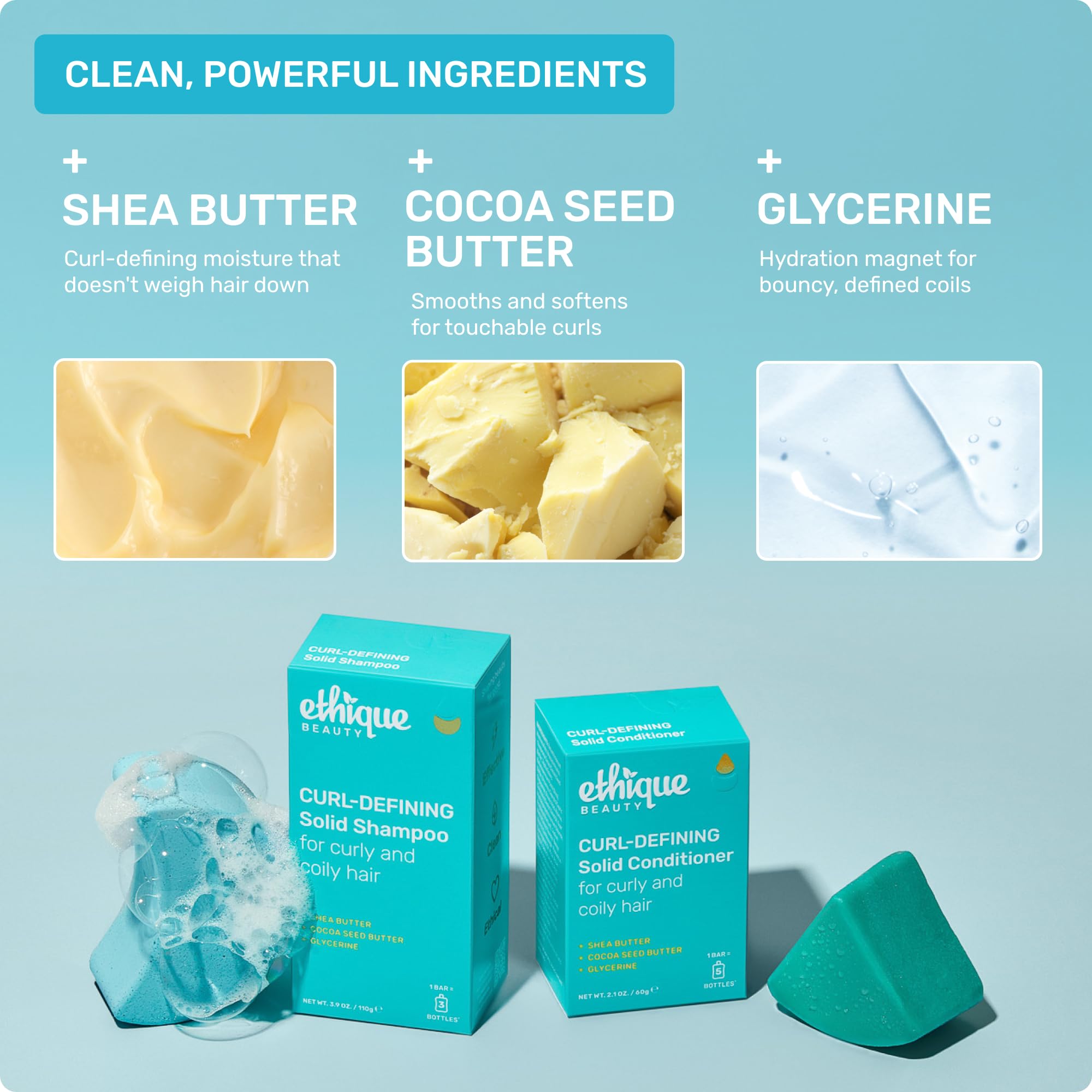 Ethique Beauty Curl-Defining Shampoo Bar in your bathroom creates silky, defined curls.