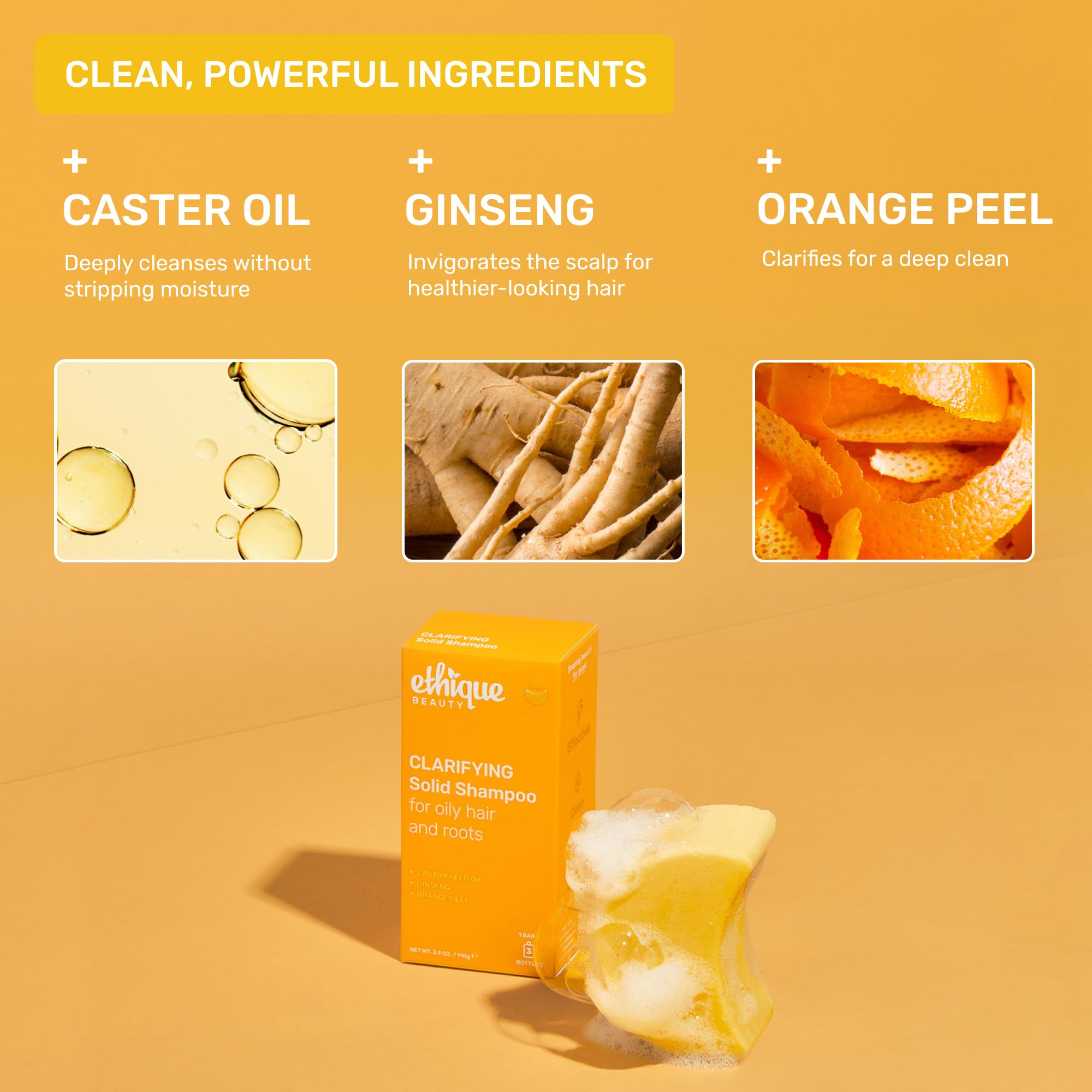 Ethique clarifying bar infused with castor oil for gentle cleansing