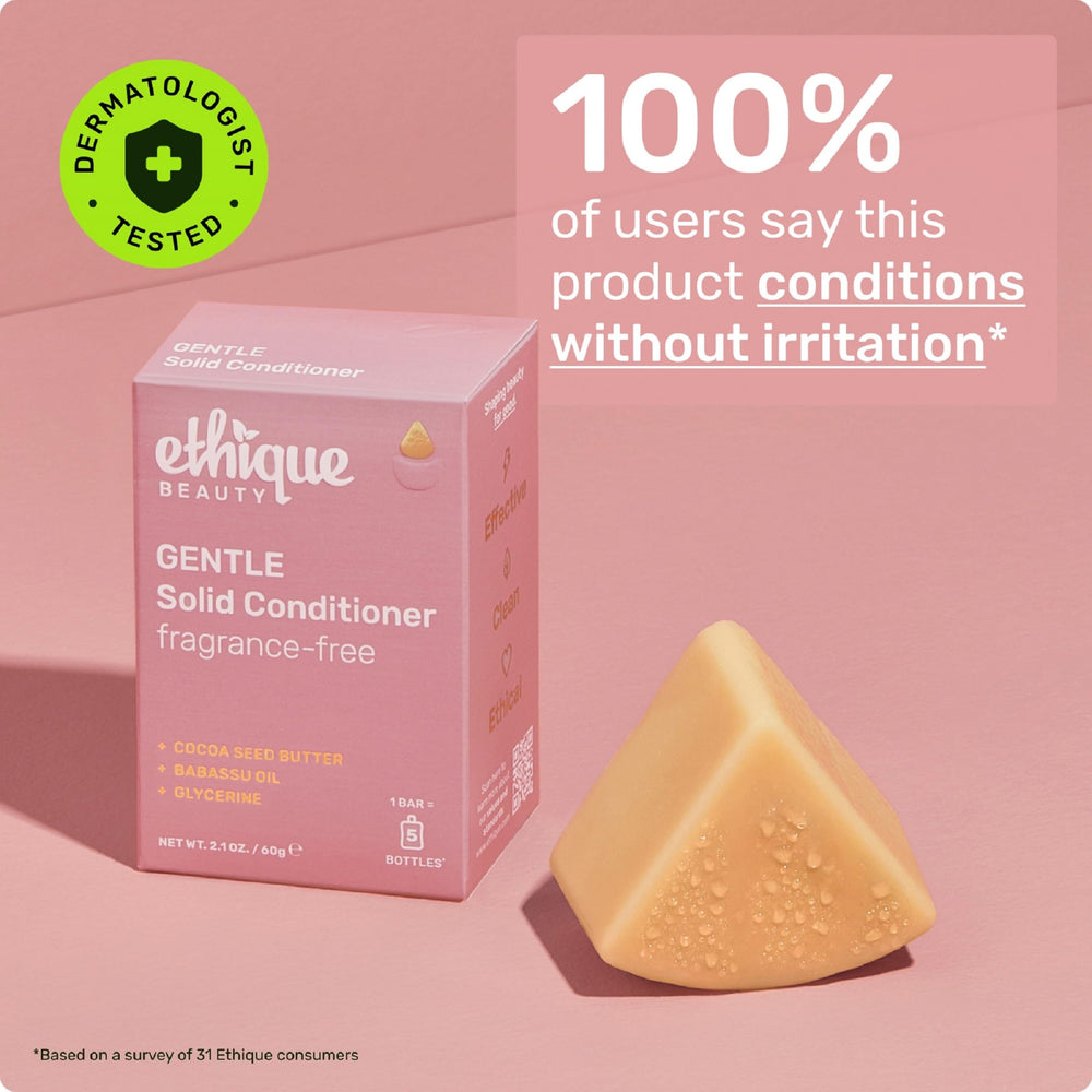 Ethique Gentle Unscented Conditioner Bar with babassu oil, smoothing effect on hair.