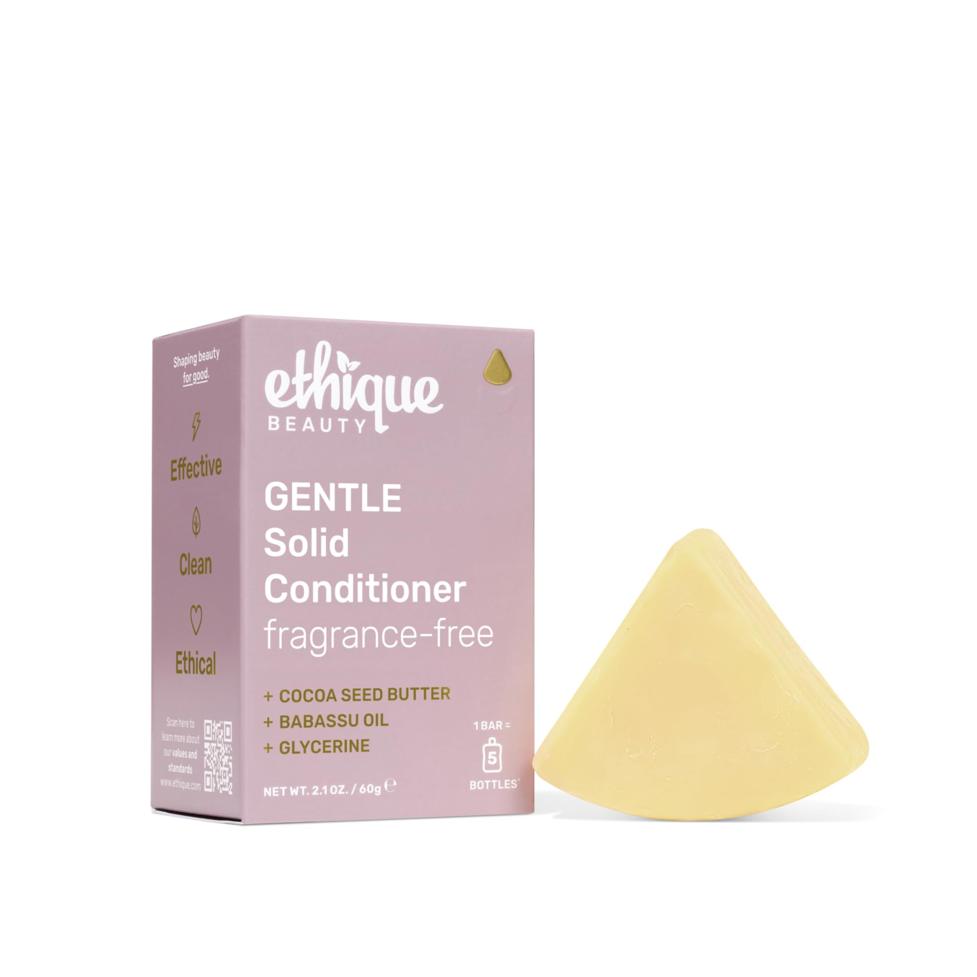 Ethique Gentle Unscented Conditioner Bar with Cocoa Butter, front view, eco-friendly packaging for routine care.