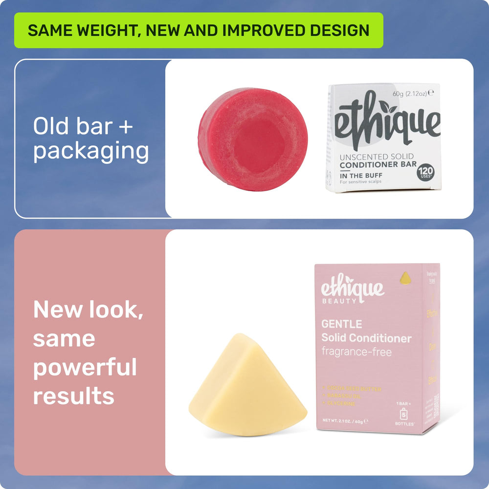 Ethique Gentle Unscented Conditioner Bar with Cocoa Butter, side view, highlighting cocoa butter benefits.