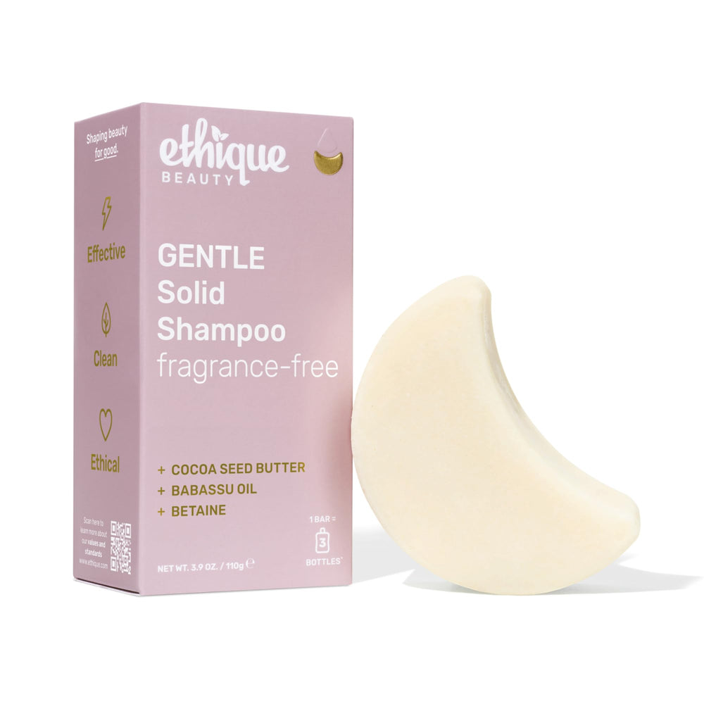 Ethique Gentle Unscented Shampoo Bar with cocoa butter for fragrance-free cleansing.