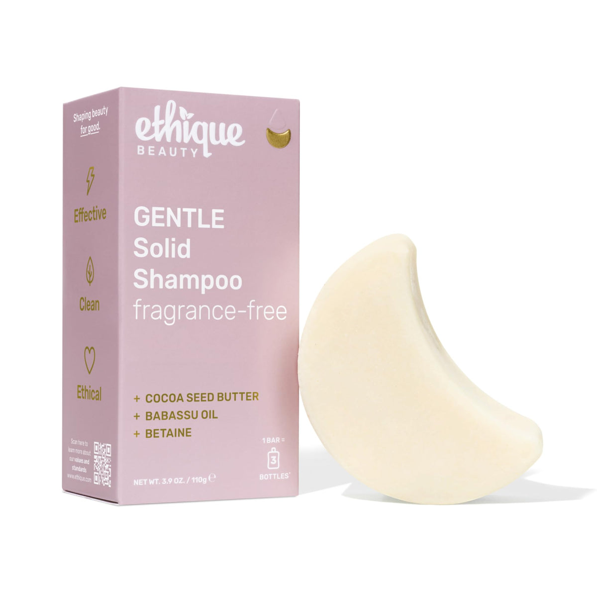 Ethique Gentle Unscented Shampoo Bar with cocoa butter for fragrance-free cleansing.