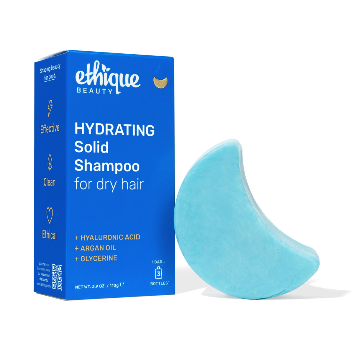 Ethique hydrating shampoo bar with hyaluronic acid close-up showing moisturizing formula