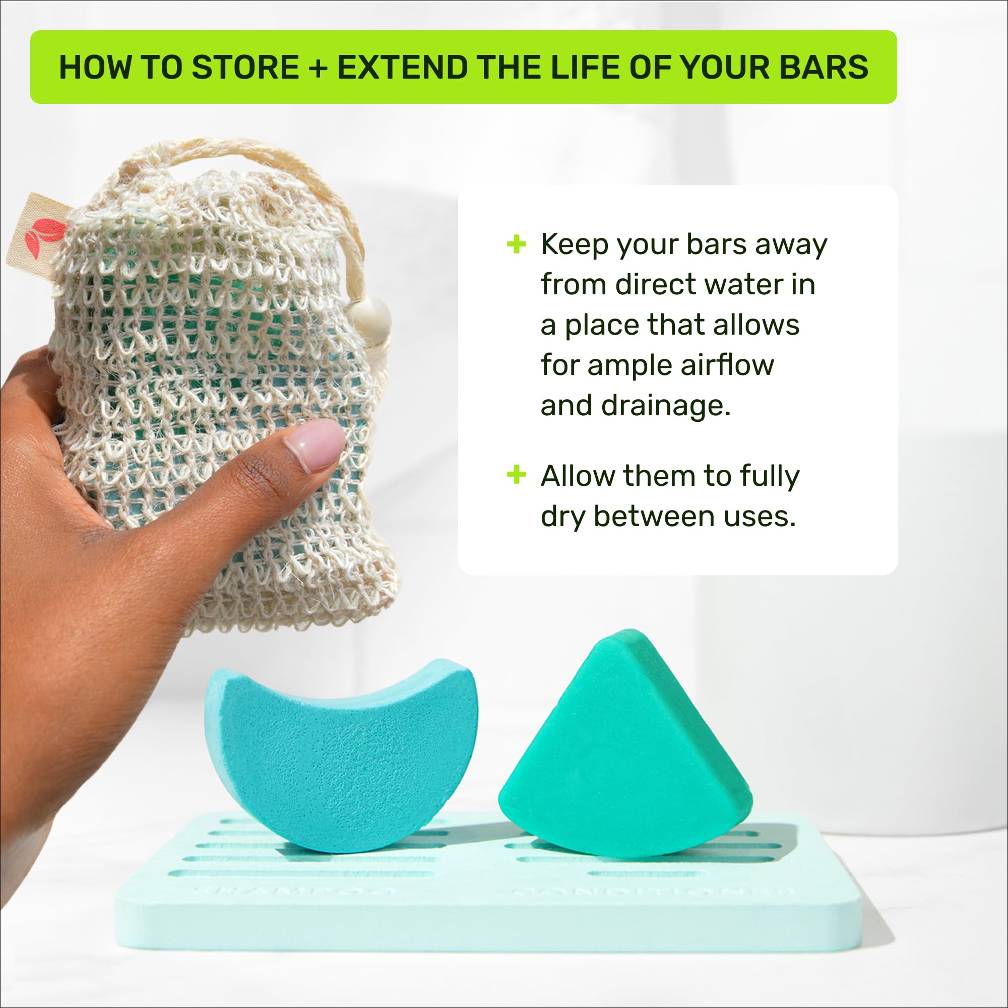 Shower scene featuring Ethique hydrating shampoo bar under running water