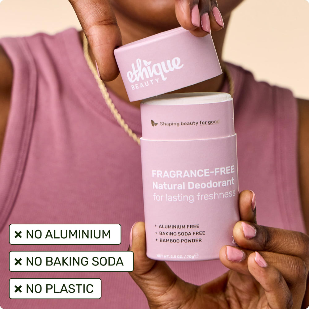 Ethique Minimalist Unscented Deodorant Stick ingredients reveal zinc oxide and bamboo powder for odor management.