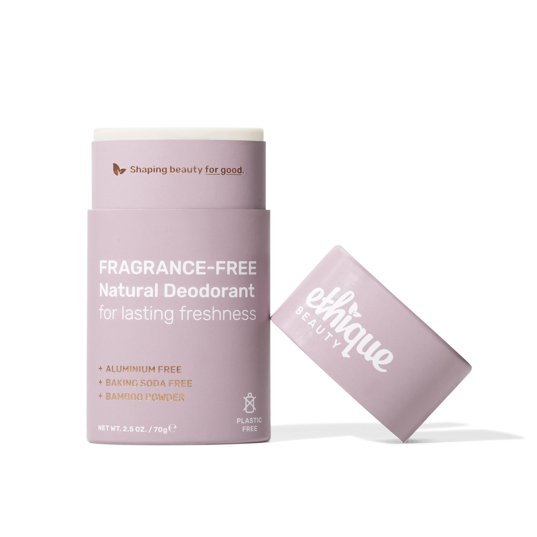 Ethique Minimalist Unscented Deodorant Stick packaging shows eco-friendly, plastic-free packaging.