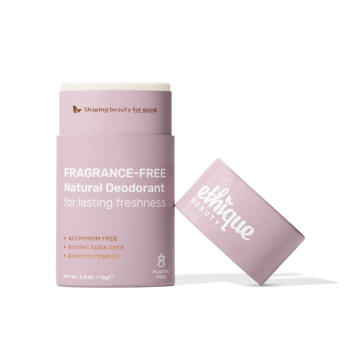 Ethique Minimalist Unscented Deodorant Stick packaging shows eco-friendly, plastic-free packaging.
