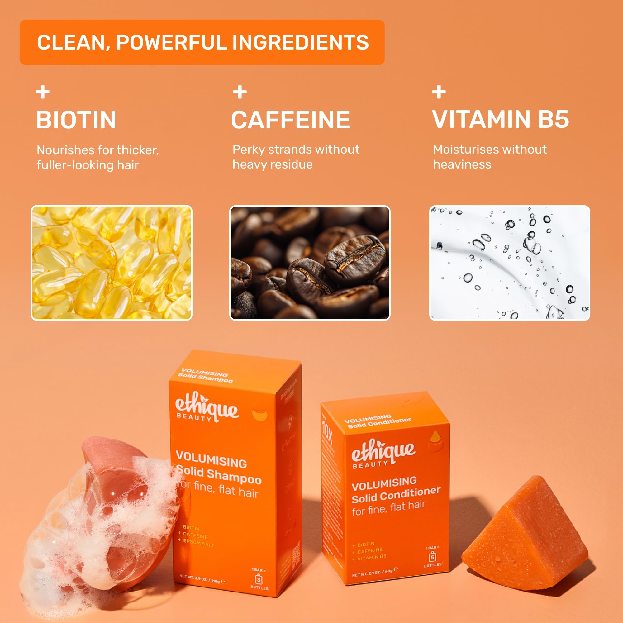Ethique orange peel clean fragrance and refreshing cleanse for hair care routine.