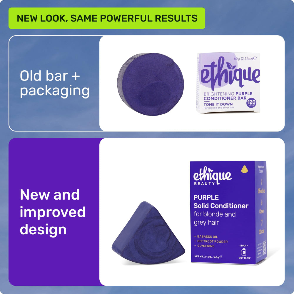 Ethique Purple Conditioner Bar in hand demonstrates portable travel-friendly design.