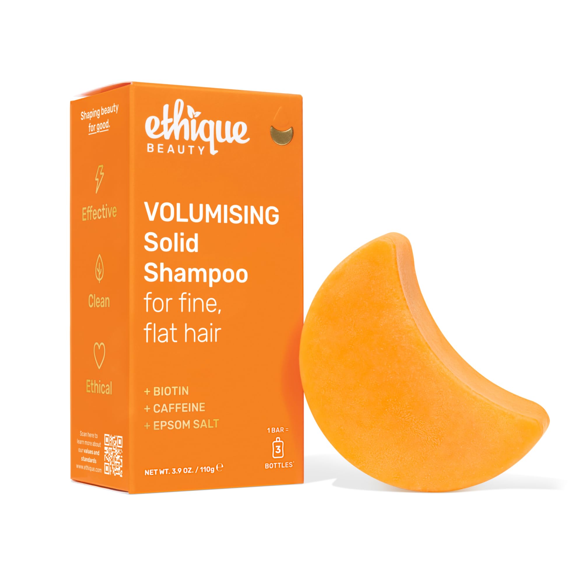 Ethique volumizing shampoo bar with biotin for root boost, promoting fuller-looking hair.