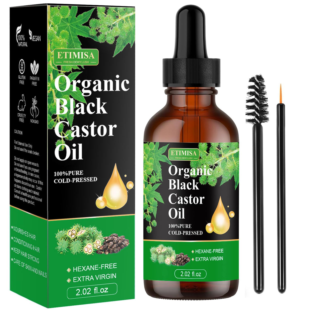 Etimisa Organic Black Castor Oil bottle close-up for hair and skin nourishment