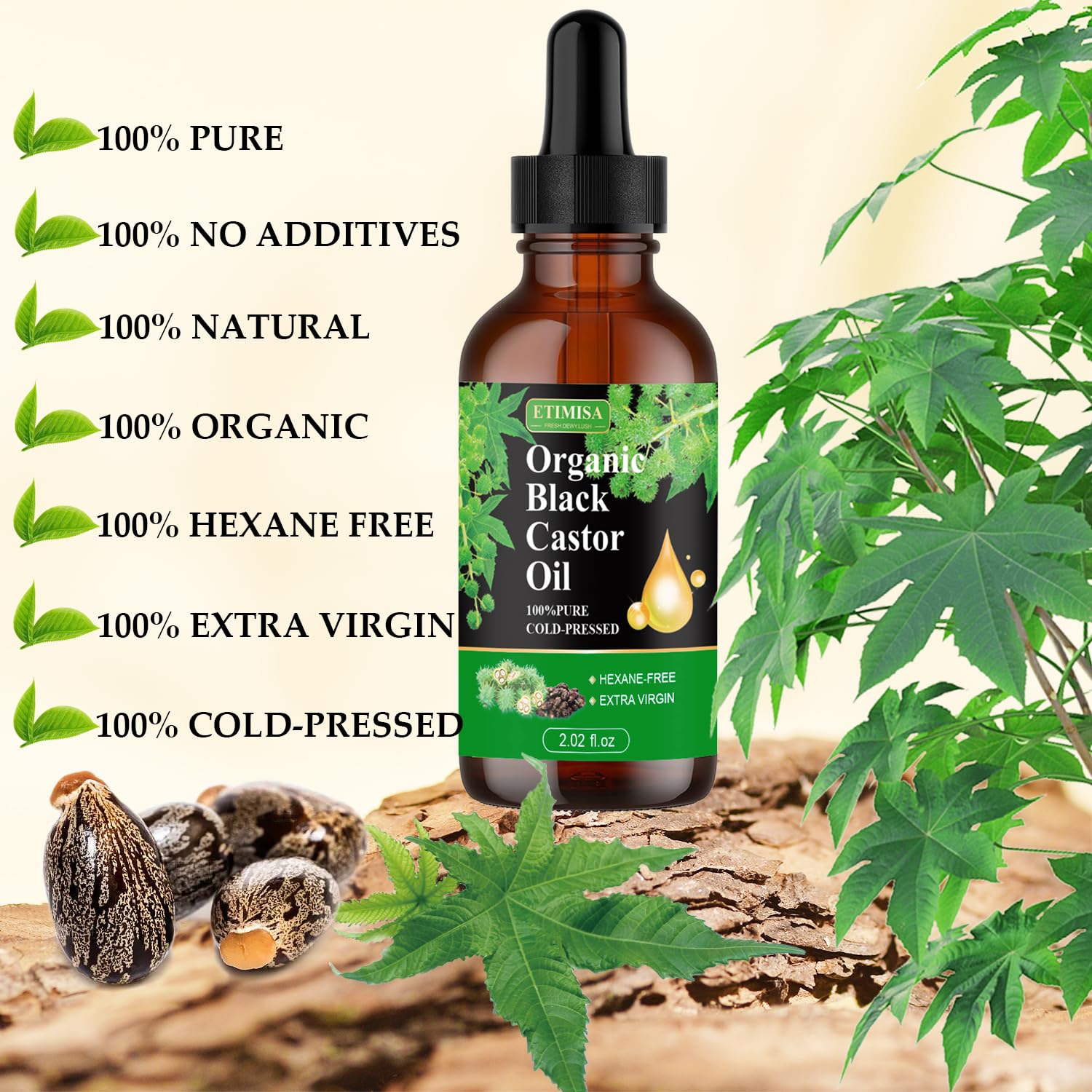 Etimisa Organic Black Castor Oil glass bottle on display for skincare